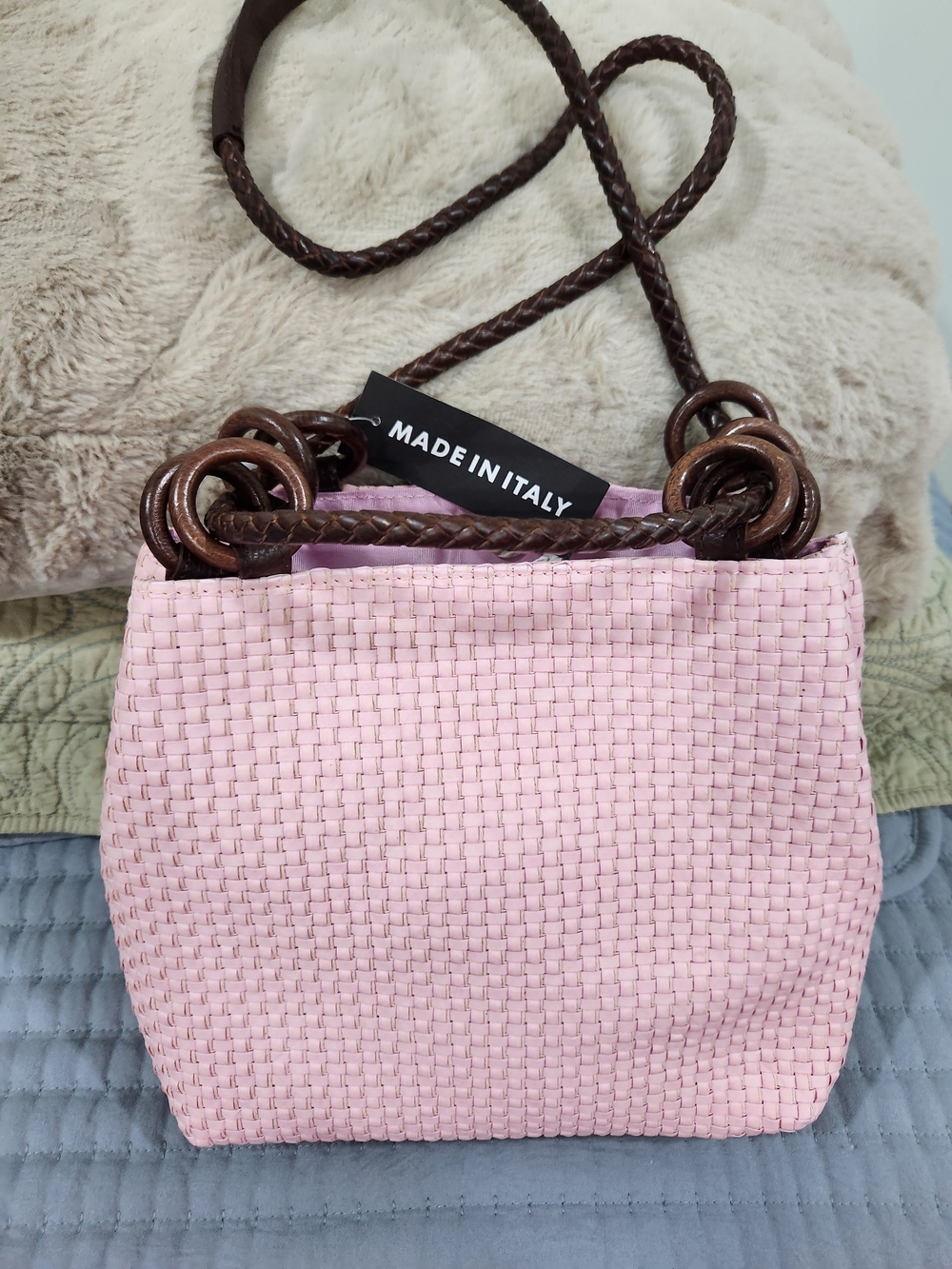 Pink Woven Shoulder Bag with Brown Braided Handles